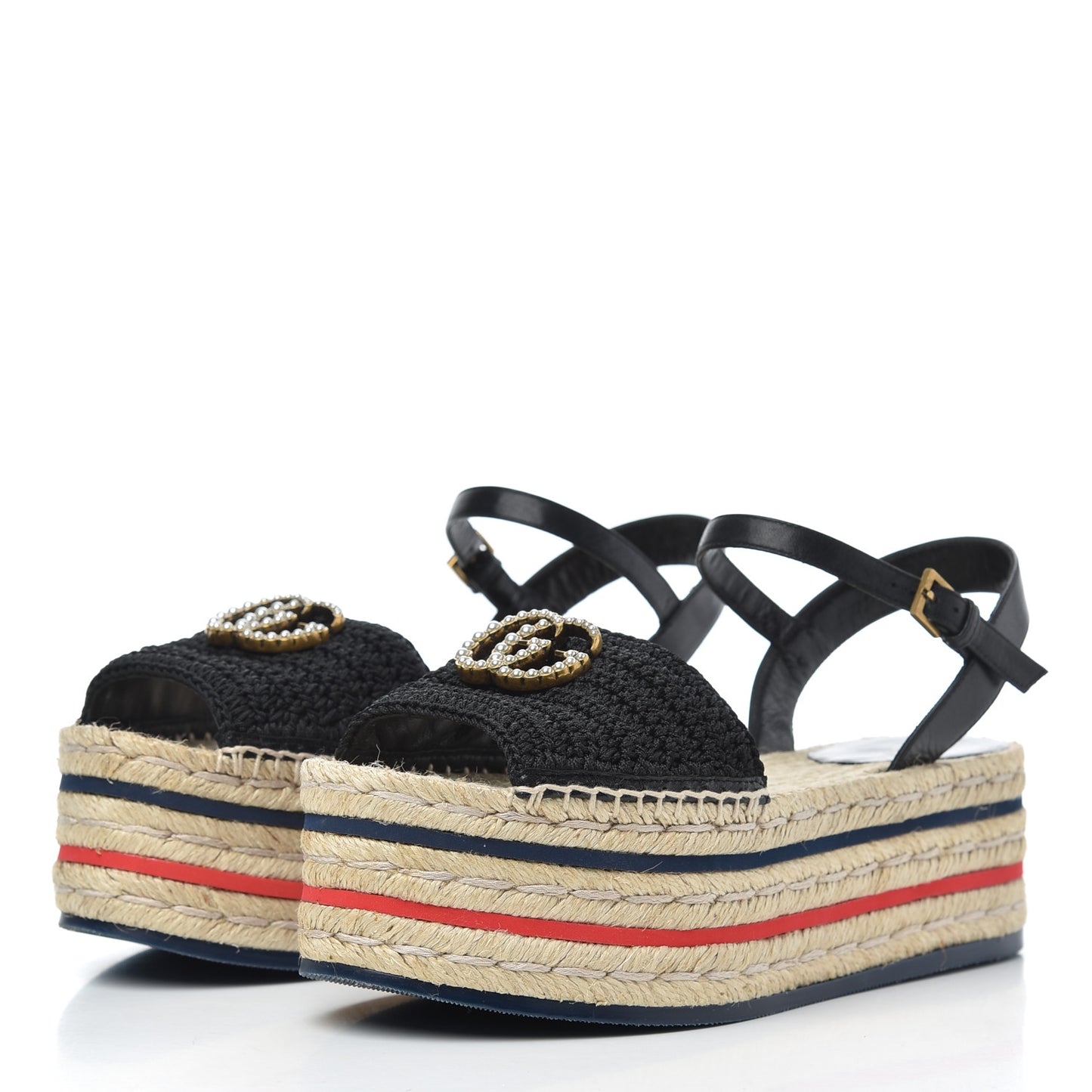 Cotton Malaga Kid Crochet Pearly GG Lilibeth Espadrille Platform Sandals 36 Black
