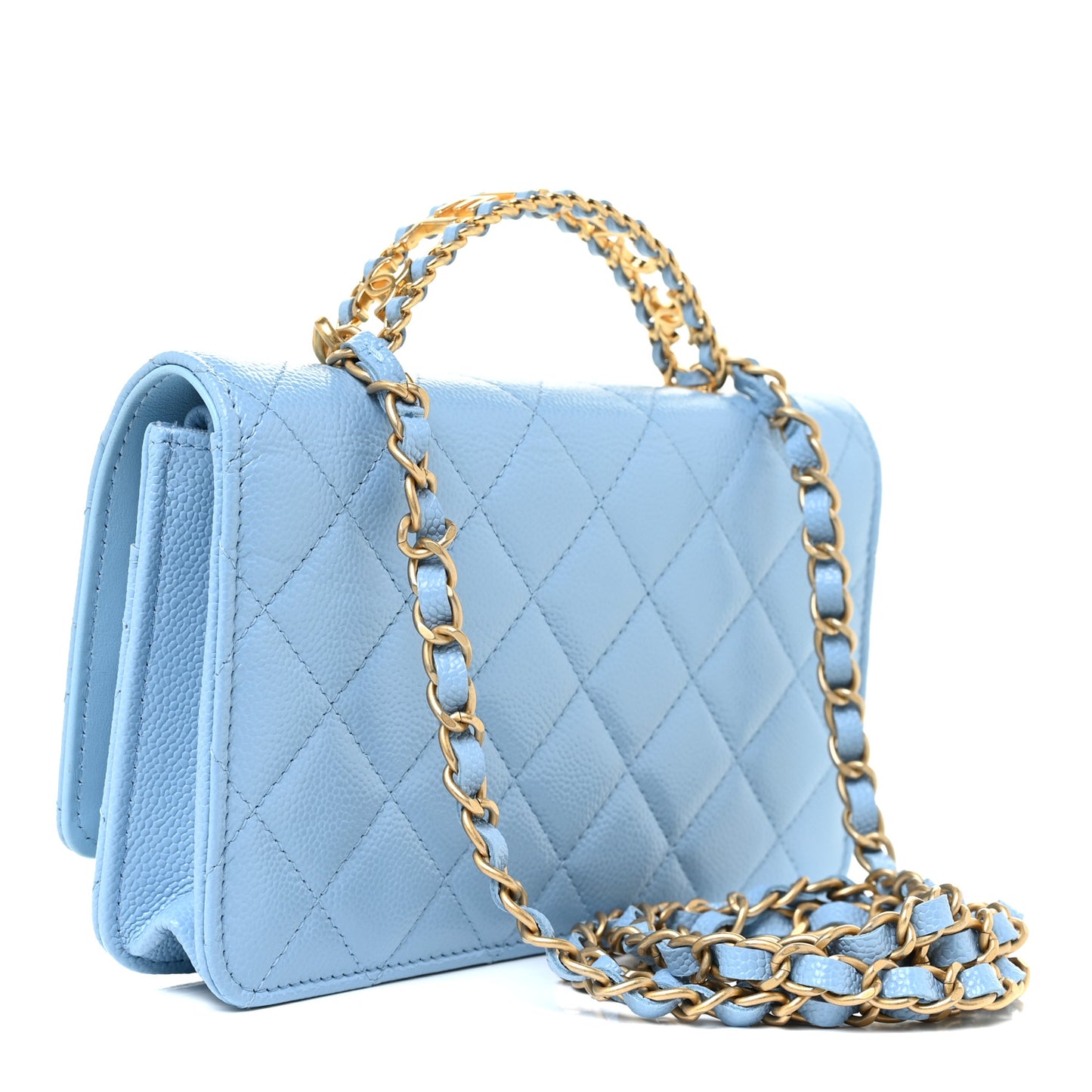 Shiny Caviar Quilted Pick Me Up Wallet On Chain WOC Blue