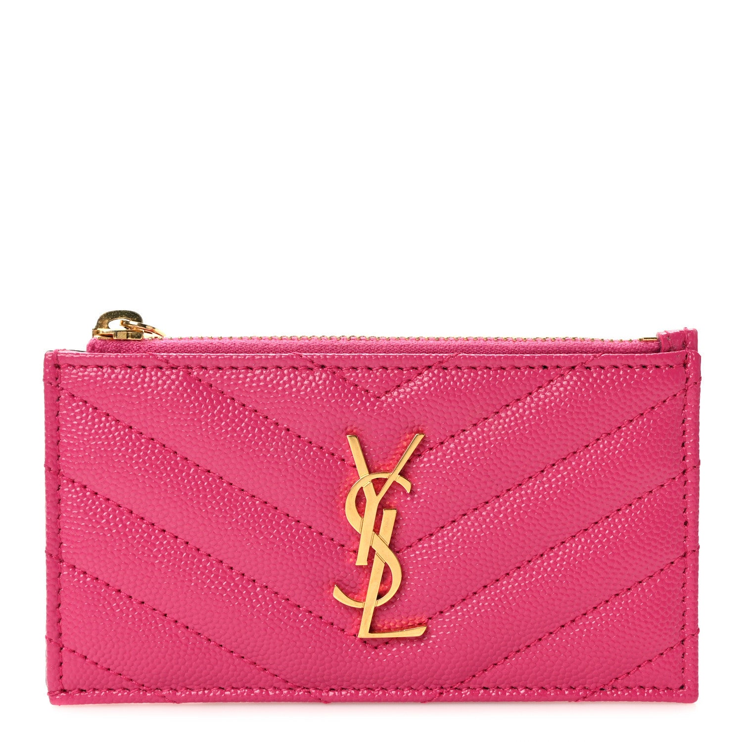 Saint Laurent Grain De Poudre Matelasse Chevron Monogram Fragments Zippered Card Case Fresh Fuxia 1 of 10