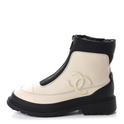 Chanel Calfskin Nylon CC Ankle Snow Boots 37 Beige Black 1 of 10