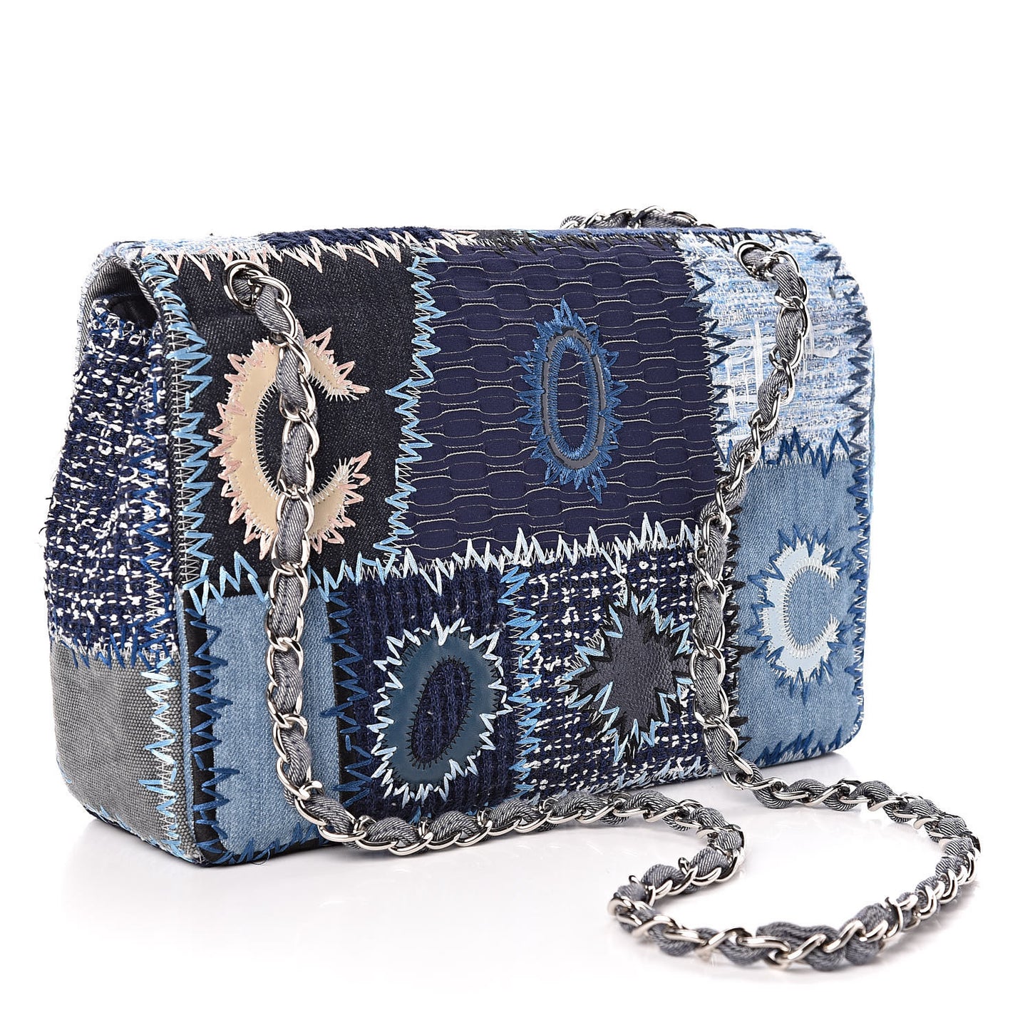 Denim Tweed Patchwork Jumbo Single Flap Blue