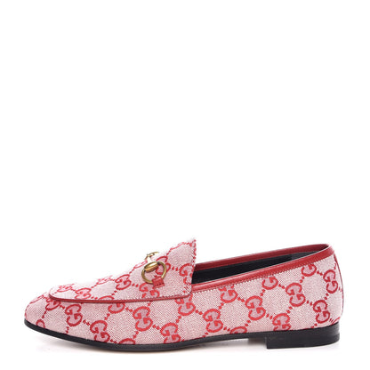 Gucci Canvas GG Monogram Horsebit Womens Jordaan Loafers 37 Gardenia Hibiscus Red 1 of 9
