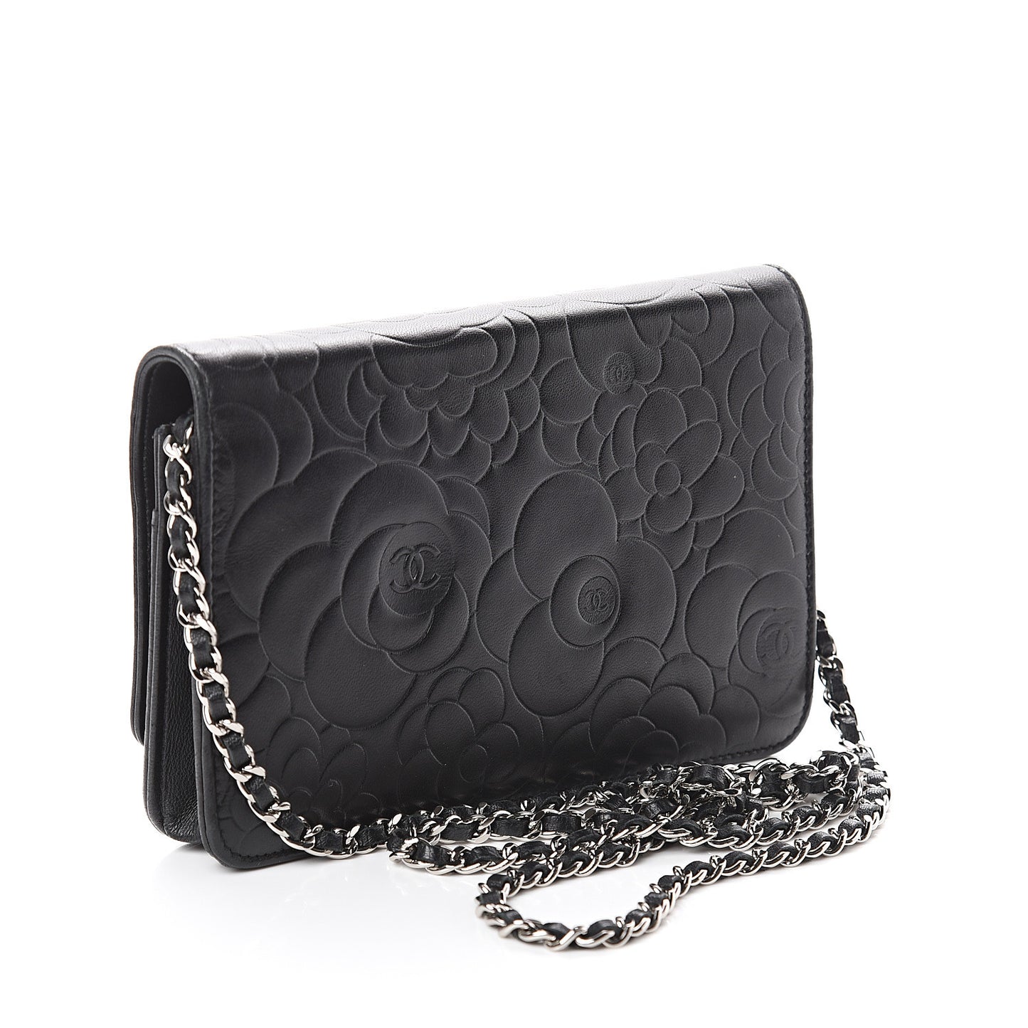 Lambskin Camellia Embossed Wallet on Chain WOC Black