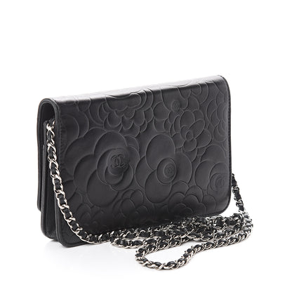 Chanel Lambskin Camellia Embossed Wallet on Chain WOC Black 2 of 9