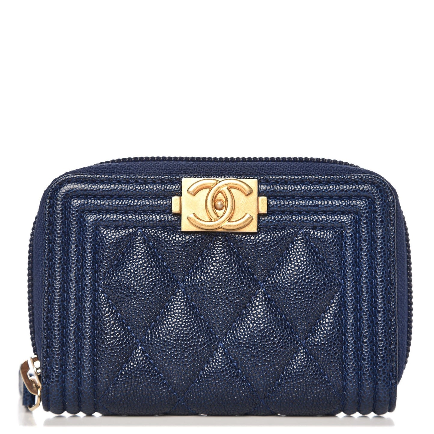 Caviar Quilted Boy Zip Around Coin Purse Wallet Dark Blue