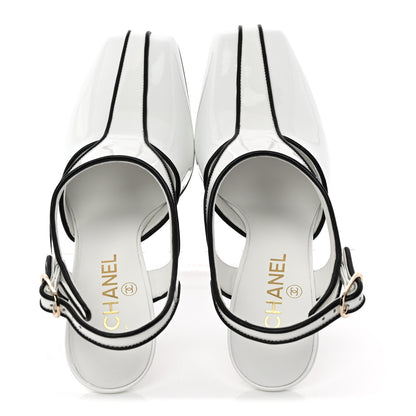 Chanel Patent Calfskin Lambskin Slingback Pumps 38.5 White Black 6 of 10
