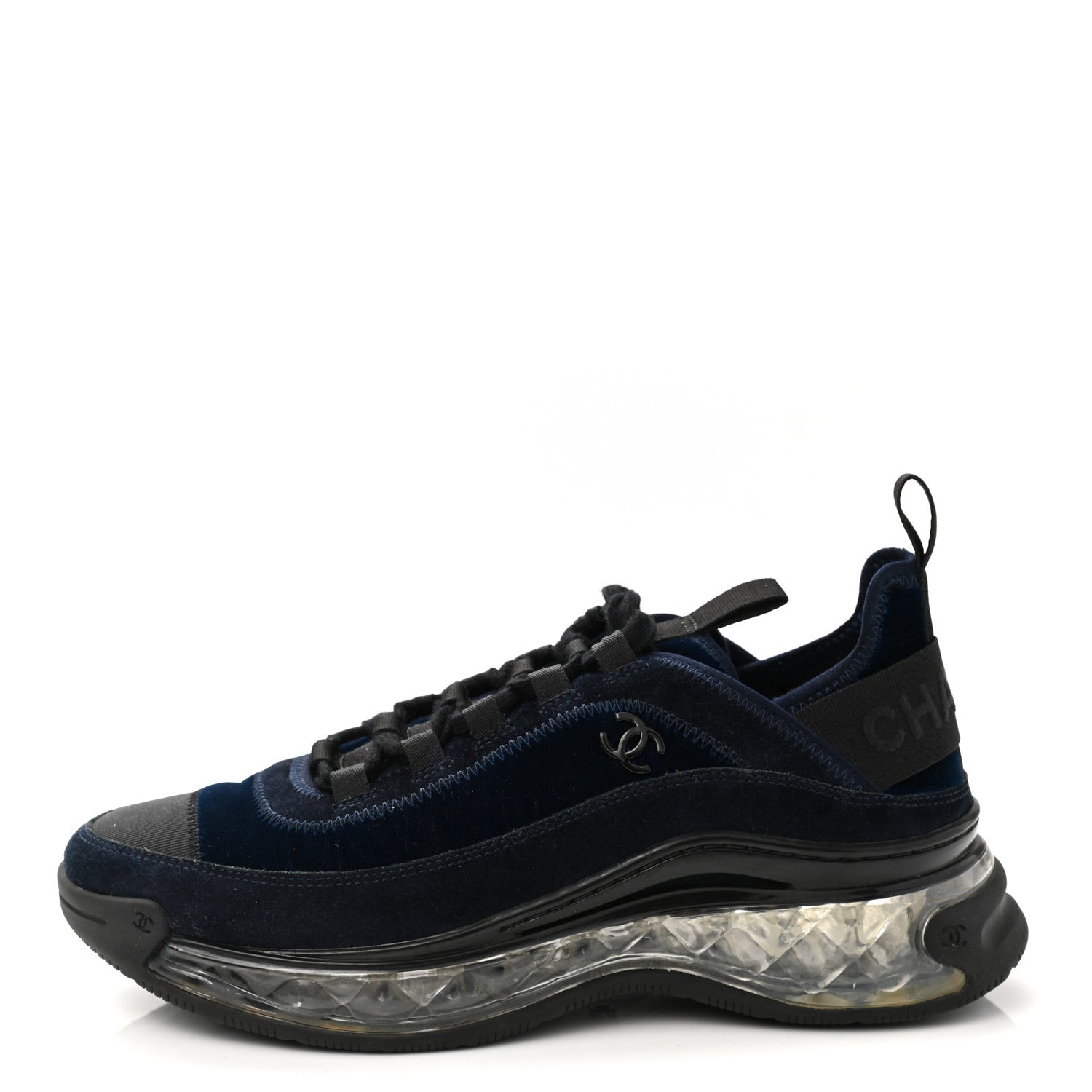 Chanel Suede Calfskin Velvet Grosgrain CC Sneakers 37.5 Navy Blue Black 1 of 9