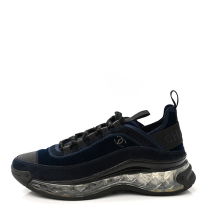 Chanel Suede Calfskin Velvet Grosgrain CC Sneakers 37.5 Navy Blue Black 1 of 9