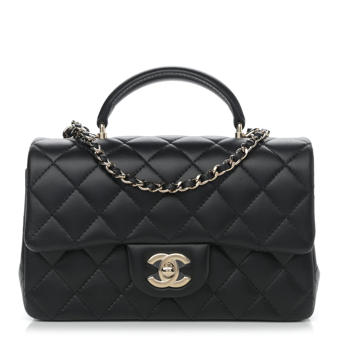 Lambskin Quilted Mini Top Handle Rectangular Flap Black
