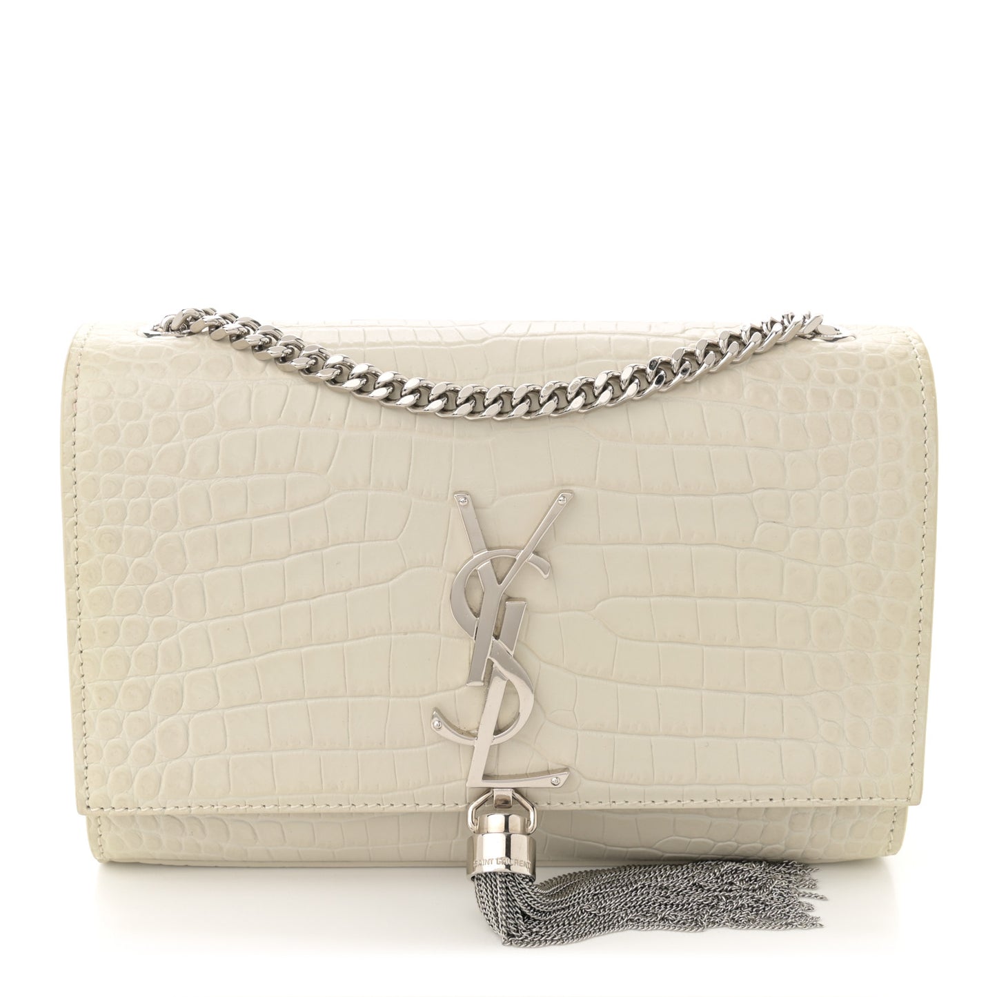 Calfskin Crocodile Embossed Small Classic Monogram Kate Tassel Satchel Crema Soft