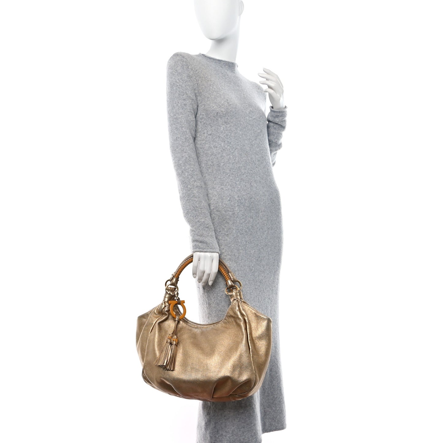 SALVATORE FERRAGAMO Metallic Calfskin Tassel Hobo Gold