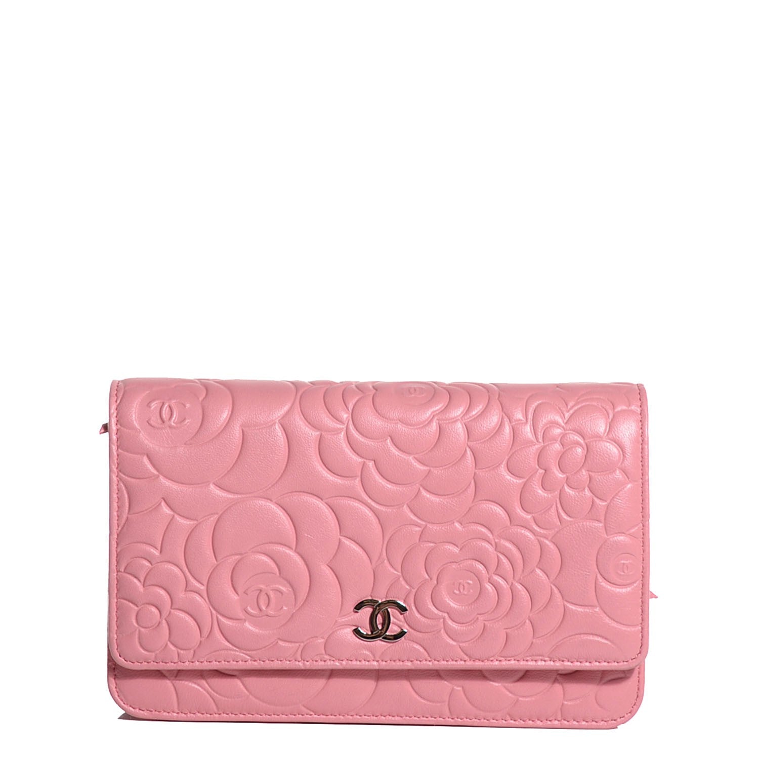 Chanel Lambskin Camellia Embossed Wallet on Chain WOC Pink 1 of 7