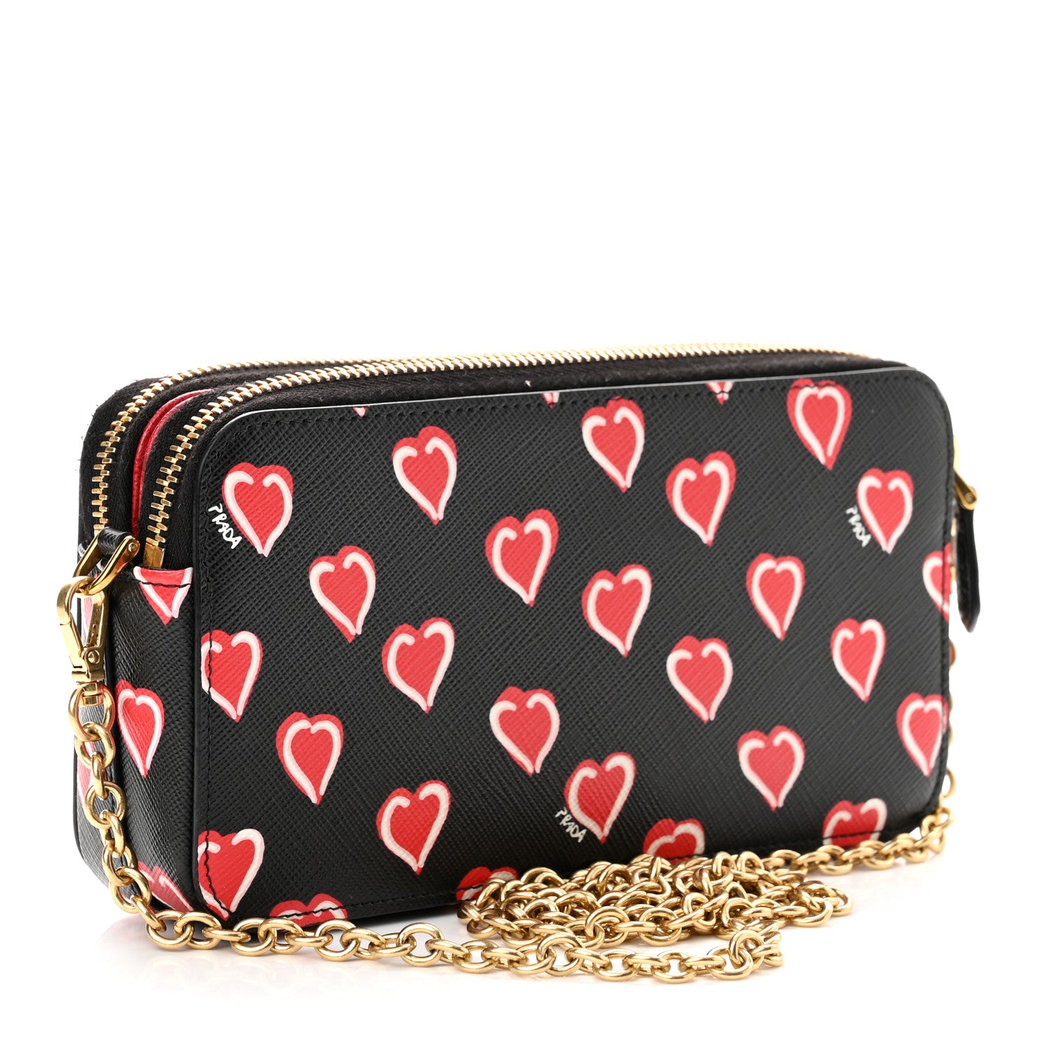 Prada Saffiano Heart Print Mini Double Zip Chain Crossbody Bag Black 2 of 8