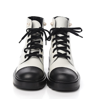 Chanel Lambskin Grained Calfskin CC Cap Toe Short Boots 37.5 White Black 2 of 10
