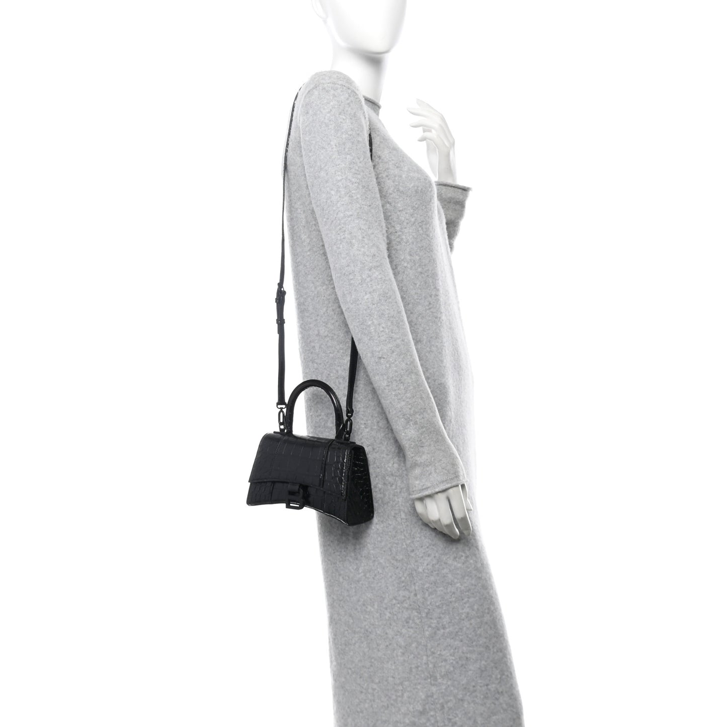 Shiny Calfskin Monochrome Crocodile Embossed Hourglass Top Handle Bag XS Black