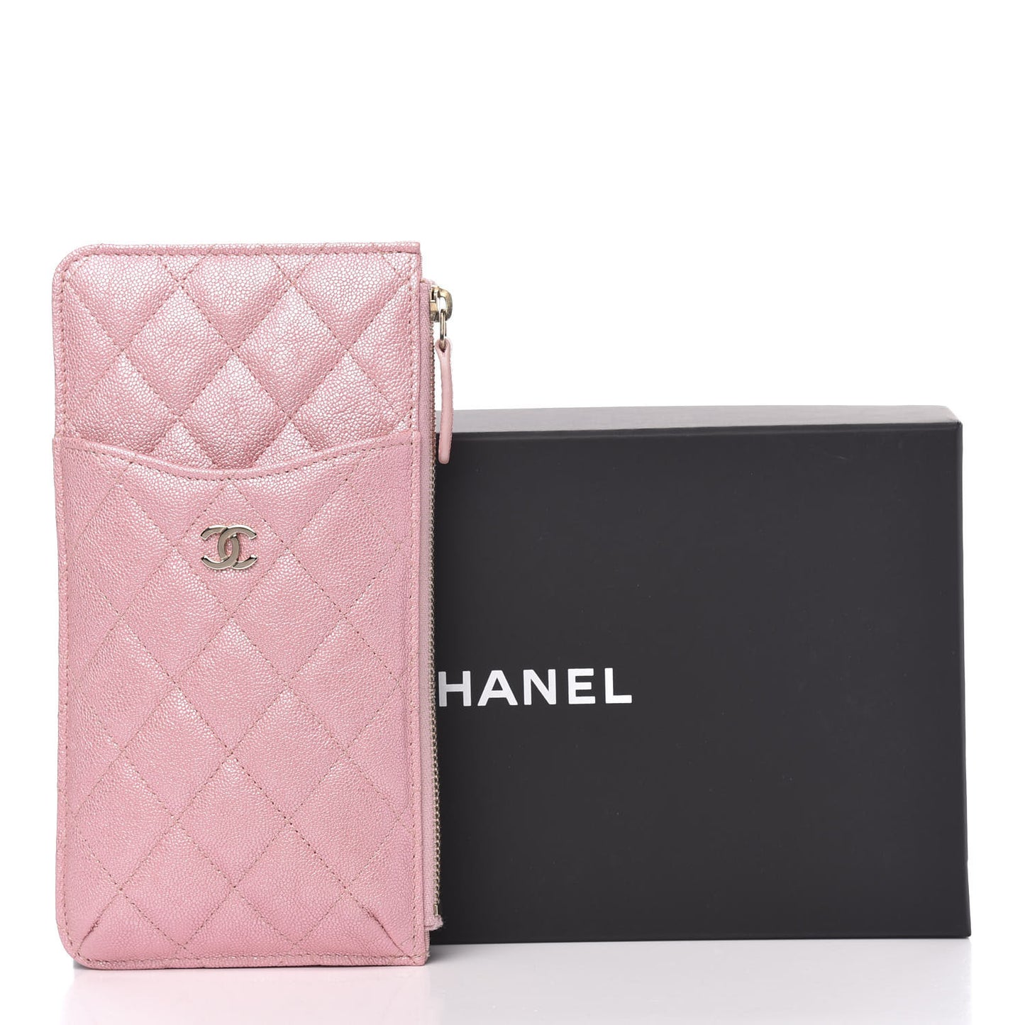 Iridescent Caviar Quilted Classic Flat Wallet Pouch Pink