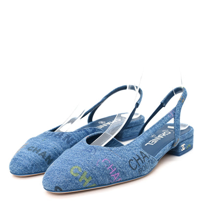 Chanel Denim Printed Denim Mood Cap Toe CC Slingback Flats 37 Light Blue Multicolor 4 of 9