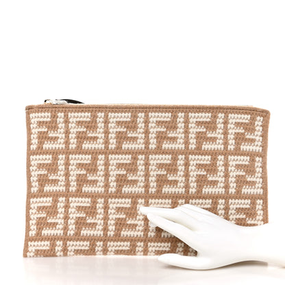 Fendi Fabric Calfskin FF Woven Large Flat Pouch Cammello 2 of 9