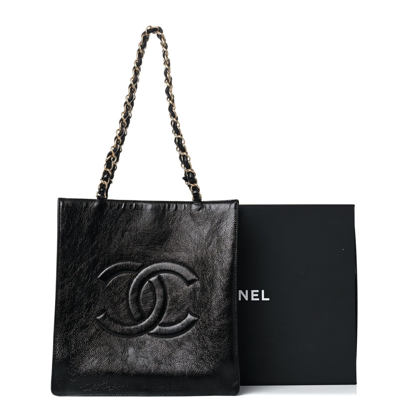 Shiny Aged Calfskin North South Shopping Bag Black