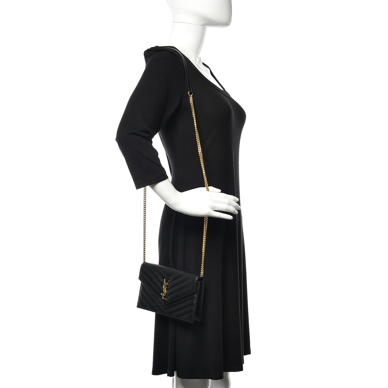 Saint Laurent Grain De Poudre Matelasse Chevron Monogram Envelope Chain Wallet Black 2 of 8