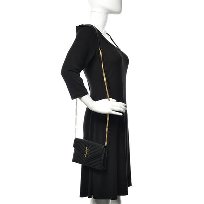 Saint Laurent Grain De Poudre Matelasse Chevron Monogram Envelope Chain Wallet Black 2 of 8