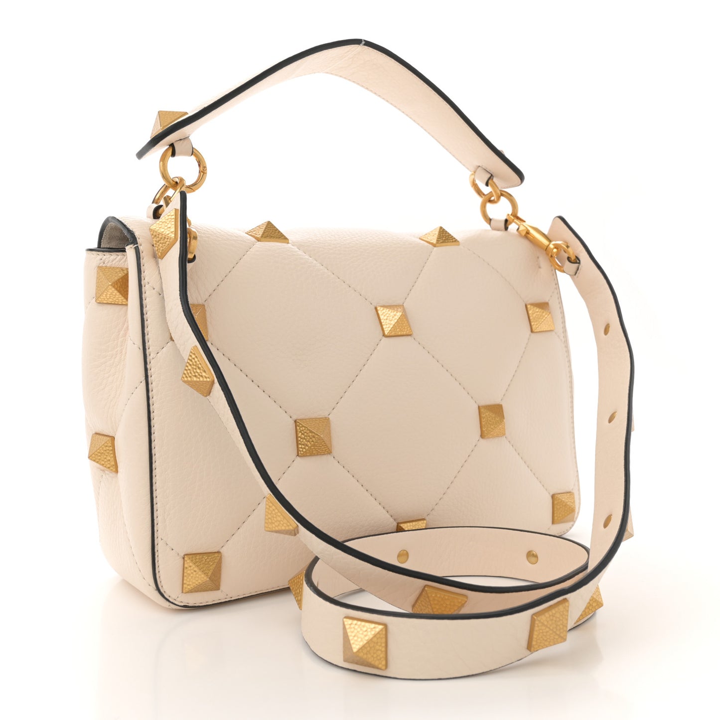 Grained Calfskin Large Roman Stud Shoulder Bag Light Ivory