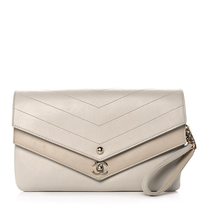 Chanel Sheepskin Chevron Quilted Double Chevron Wristlet Clutch White 1 of 12