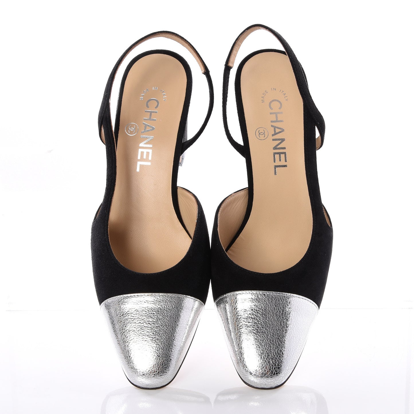 Kid Suede Metallic Lambskin Cap Toe CC Slingback Pumps 37.5 Black Silver