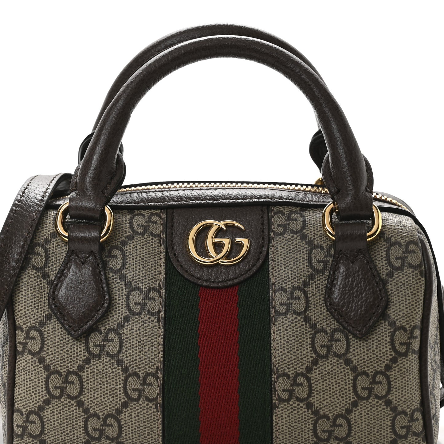 GG Supreme Monogram Textured Dollar Calfskin Web Super Mini Ophidia Top Handle Bowler Bag Beige Ebony New Acero