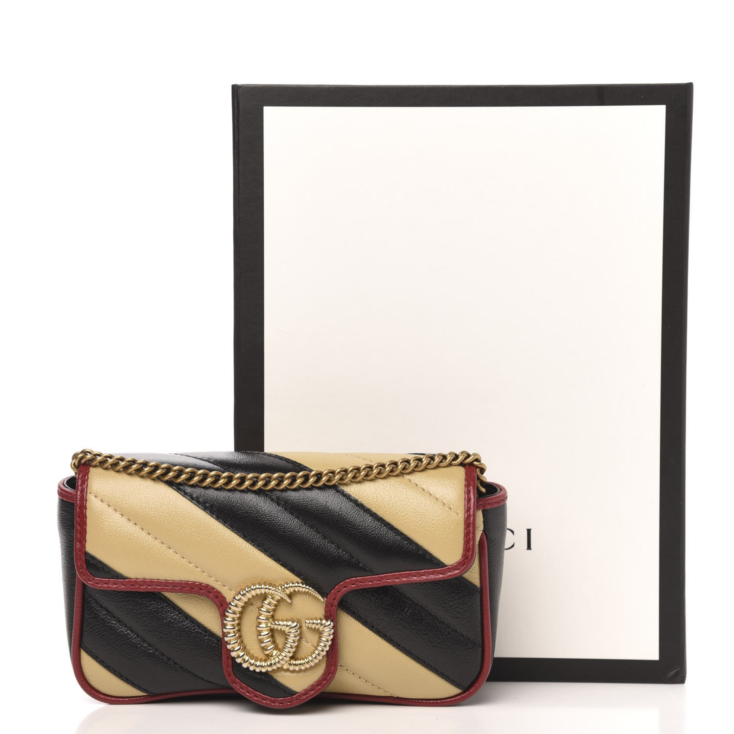 Gucci Vintage Effect Calfskin Matelasse Diagonal Striped Super Mini Torchon GG Marmont Shoulder Bag Black Beige 11 of 11