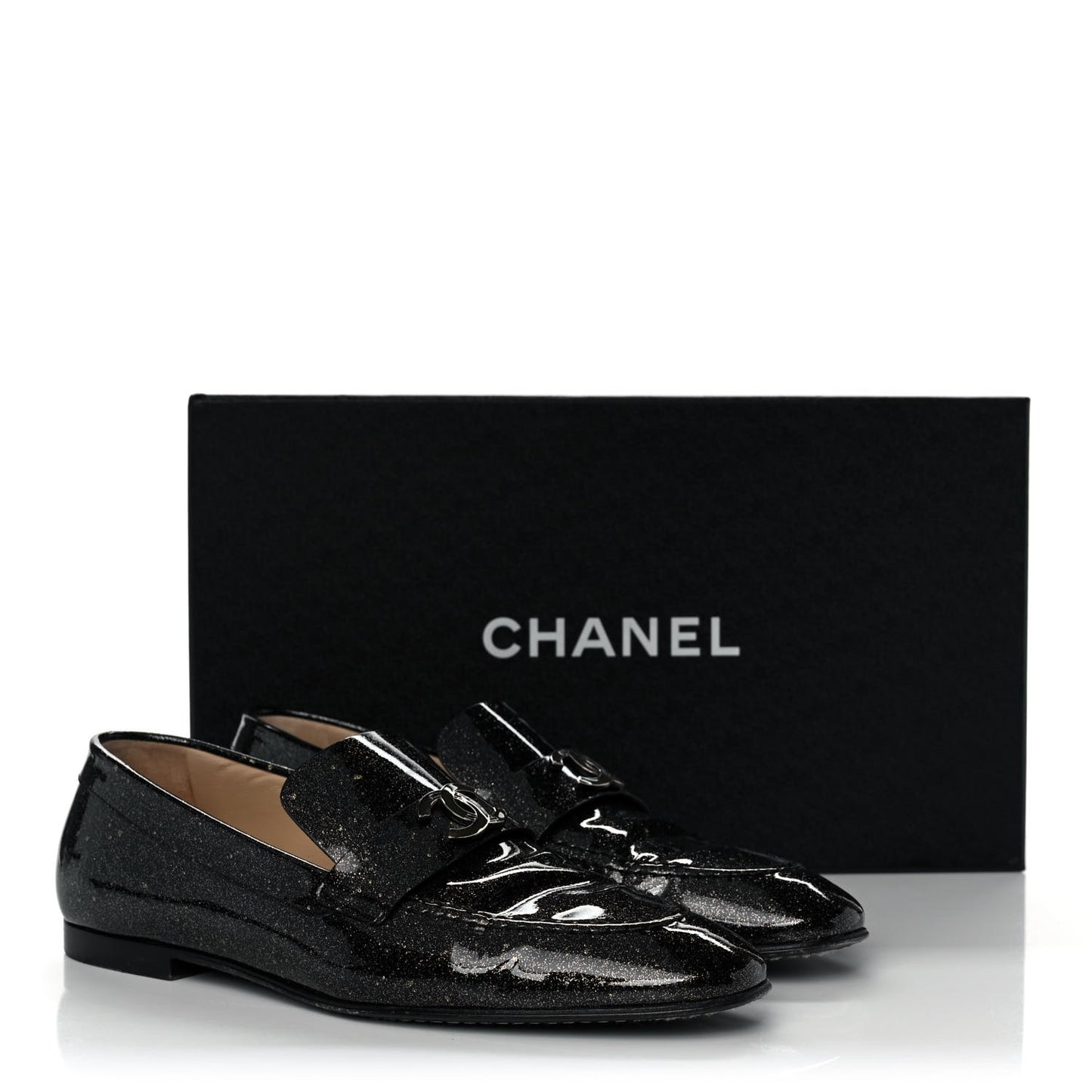 Patent Crackled Calfskin CC Mocassin Loafers 38 Black