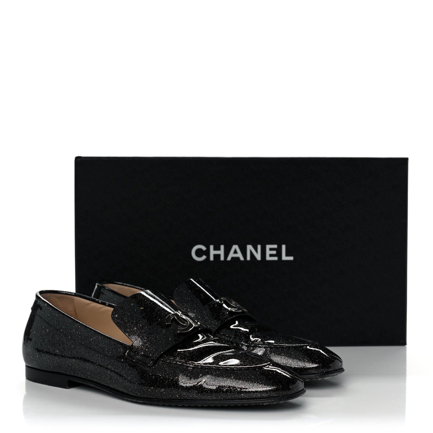 Chanel Patent Crackled Calfskin CC Mocassin Loafers 38 Black 10 of 10