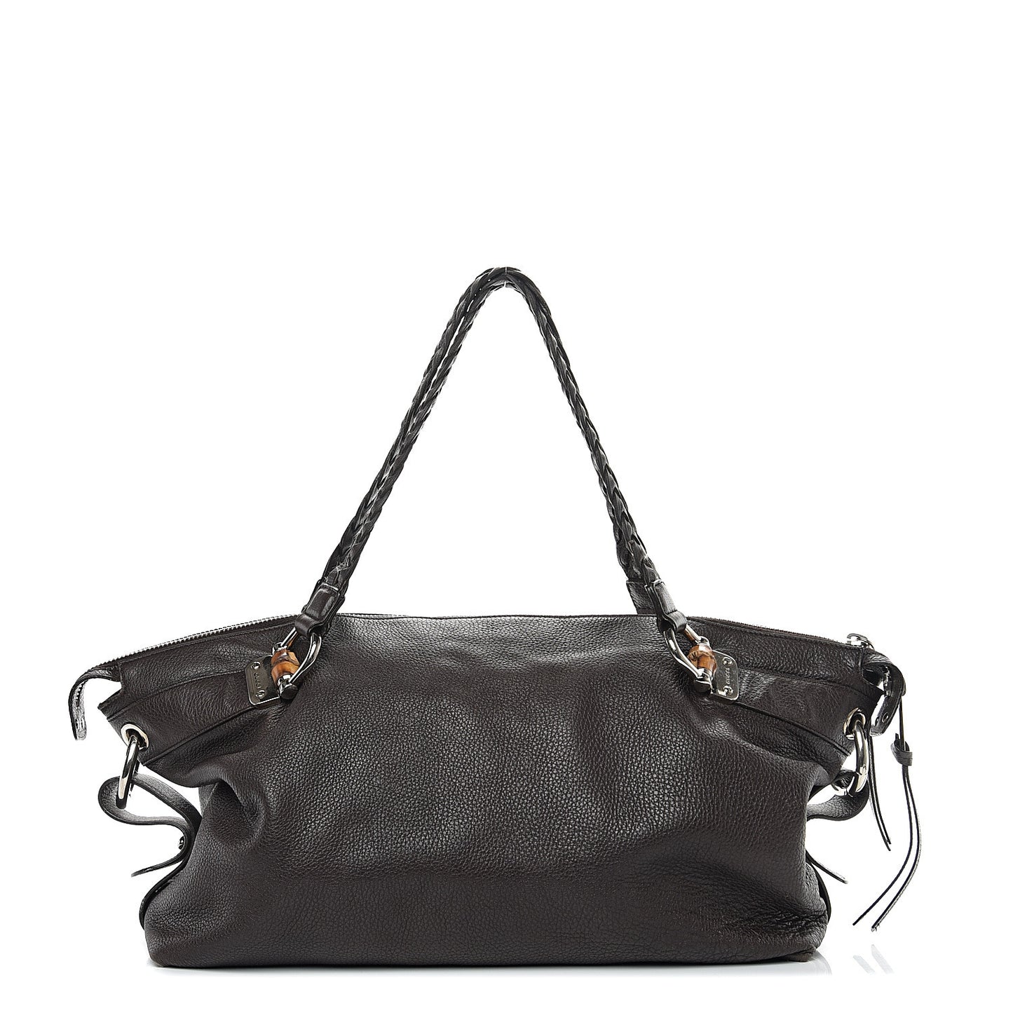 Pebbled Calfskin Large Bamboo Bar Tassel Shoulder Bag Dark Brown