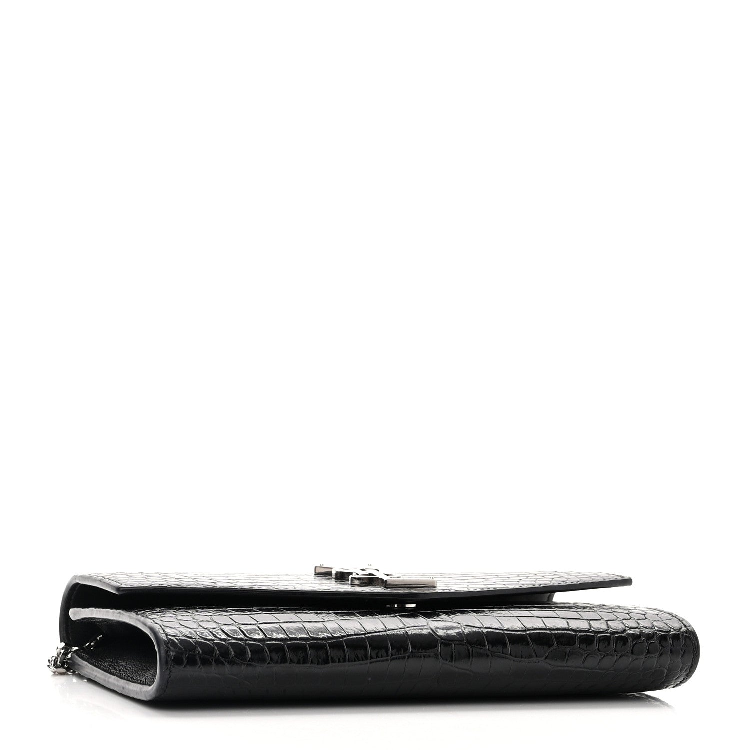 Saint Laurent Calfskin Crocodile Embossed Monogram Uptown Chain Wallet Black 4 of 11
