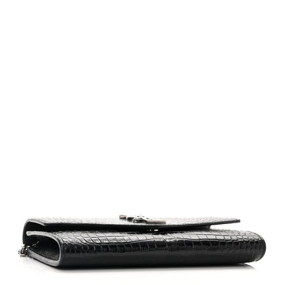 Saint Laurent Calfskin Crocodile Embossed Monogram Uptown Chain Wallet Black 4 of 11