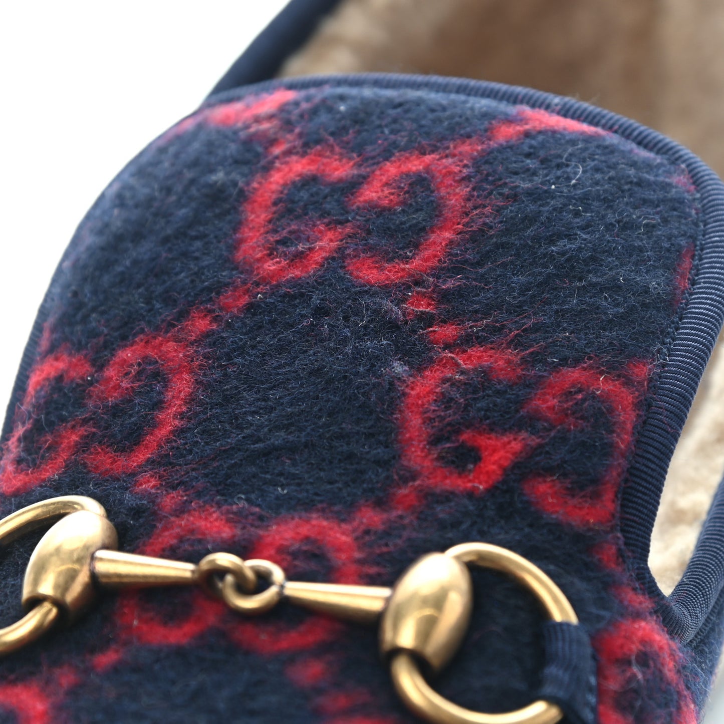 Covered Wool GG Monogram Mens Fria Horsebit Loafers 8 Blue Red Butterscotch
