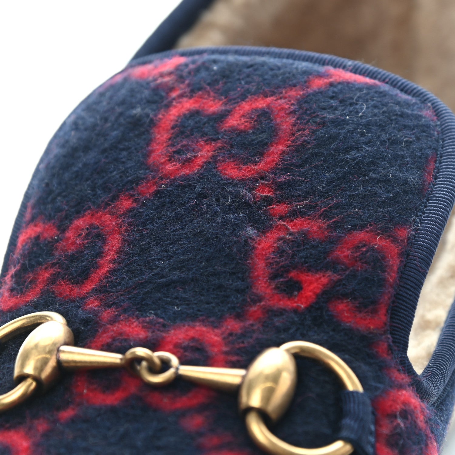 Gucci Covered Wool GG Monogram Mens Fria Horsebit Loafers 8 Blue Red Butterscotch 12 of 12