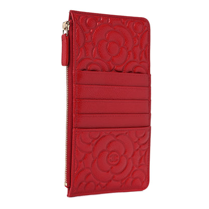 Chanel Caviar Camellia Embossed Classic Flat Wallet Pouch Red 3 of 9