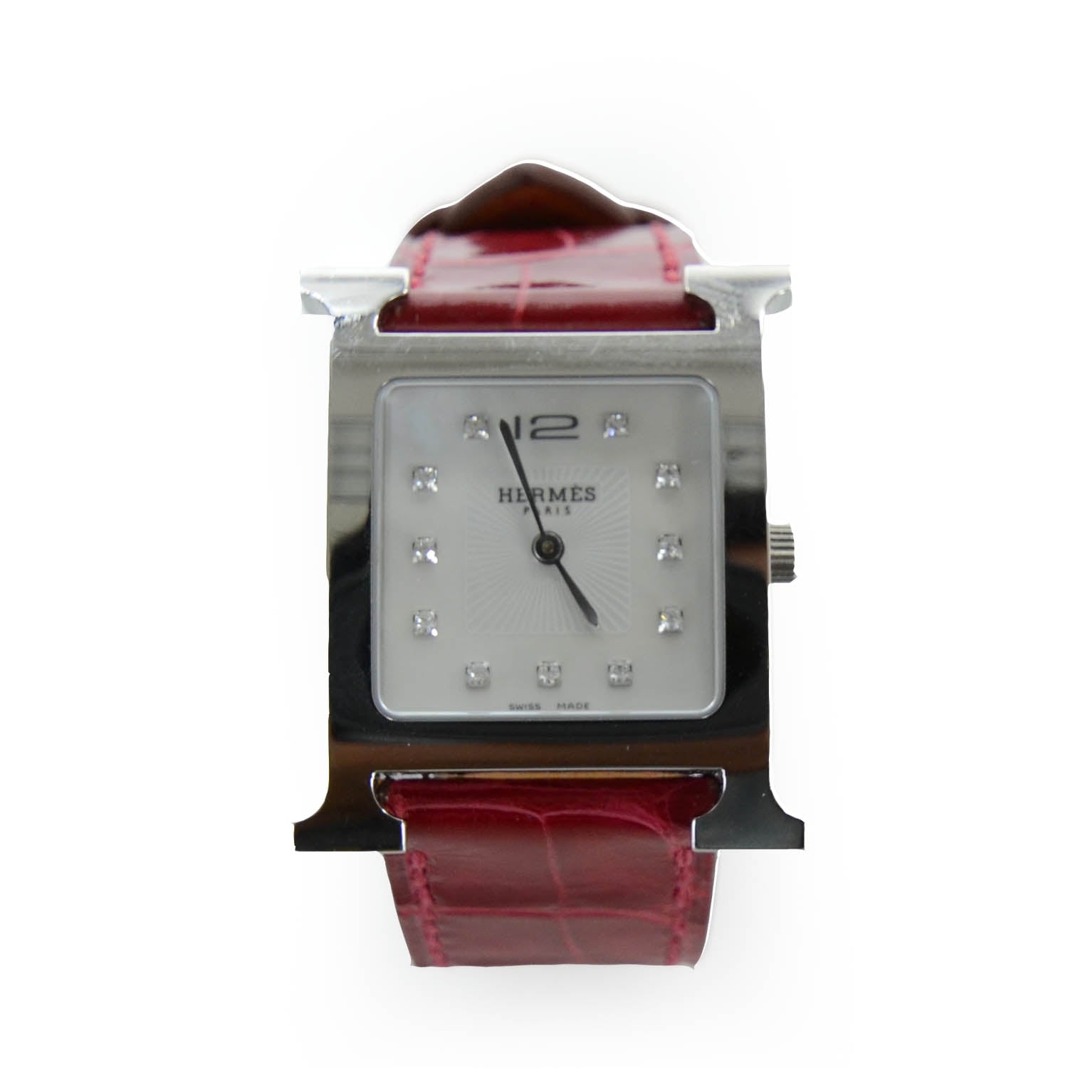 Hermes Stainless Steel Alligator Diamond 26mm Heure H Hour Quartz Watch Rouge Casaque 1 of 6