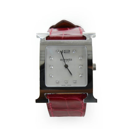 Hermes Stainless Steel Alligator Diamond 26mm Heure H Hour Quartz Watch Rouge Casaque 1 of 6