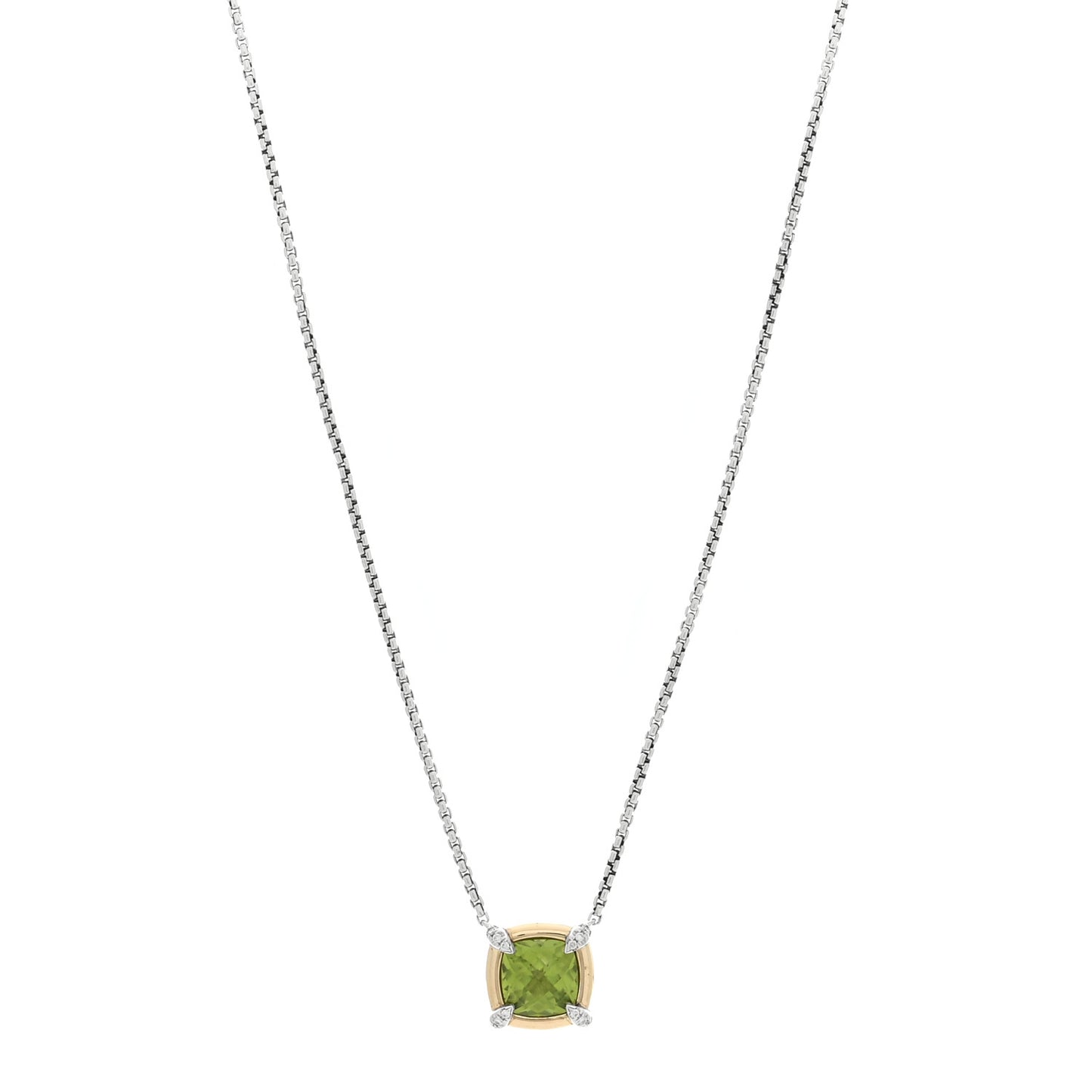 18K Yellow Gold Sterling Silver Diamond Peridot 7mm Chatelaine Bezel Pendant Necklace