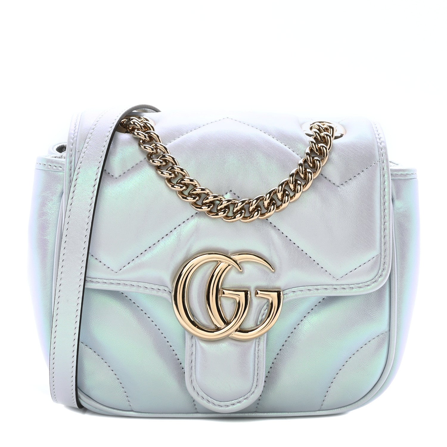 Gucci Iridescent Nappa Chevron Matelasse Mini GG Marmont Shoulder Bag Iridescent Snow Light Blue 1 of 9
