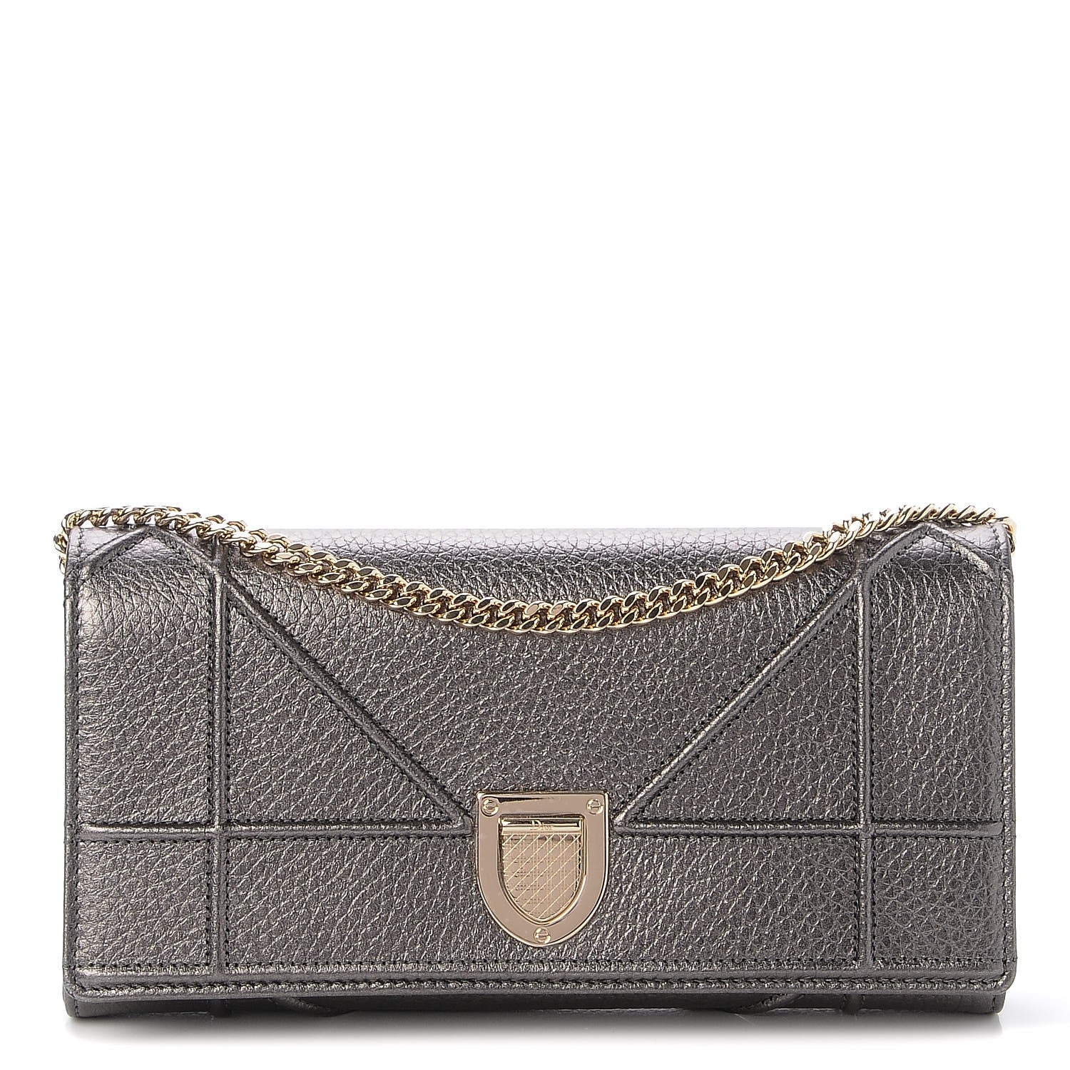Christian Dior Metallic Grained Calfskin Diorama Croisiere Chain Wallet Gunmetal Grey 1 of 8