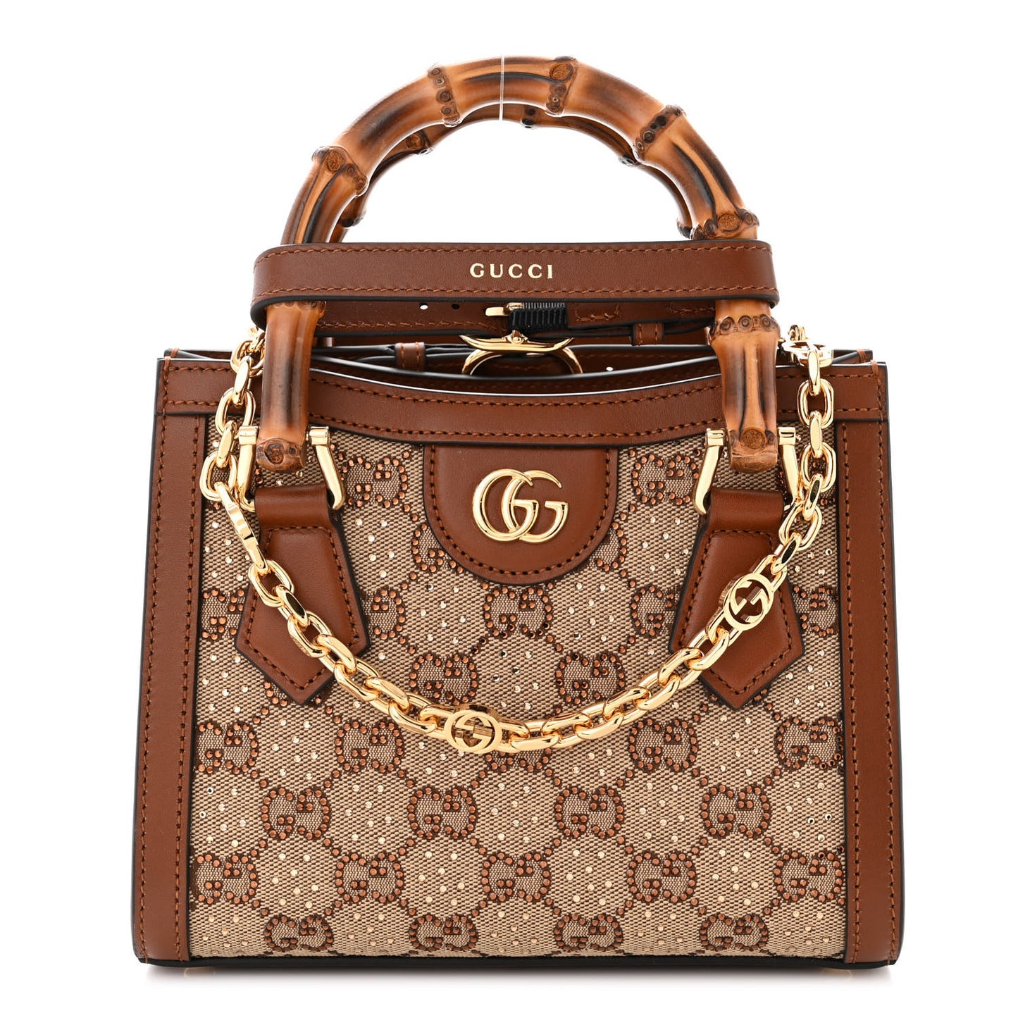 New Canvas Charisma Calfskin Crystal GG Monogram Mini Diana Tote Bag Camel Ebony