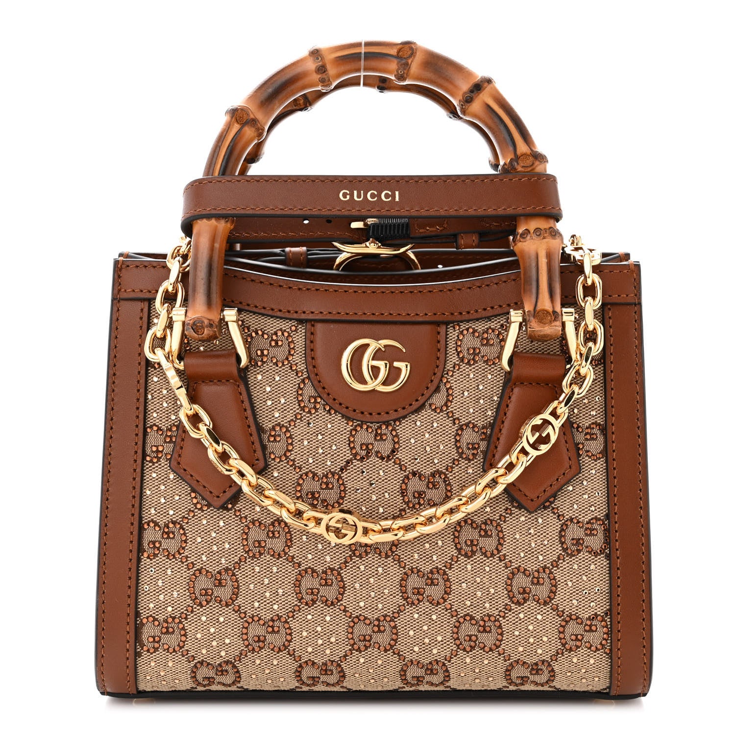 Gucci New Canvas Charisma Calfskin Crystal GG Monogram Mini Diana Tote Bag Camel Ebony 1 of 10