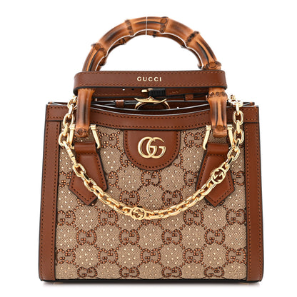 Gucci New Canvas Charisma Calfskin Crystal GG Monogram Mini Diana Tote Bag Camel Ebony 1 of 10