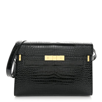 Saint Laurent Shiny Calfskin Crocodile Embossed Manhattan Baguette Black 1 of 10