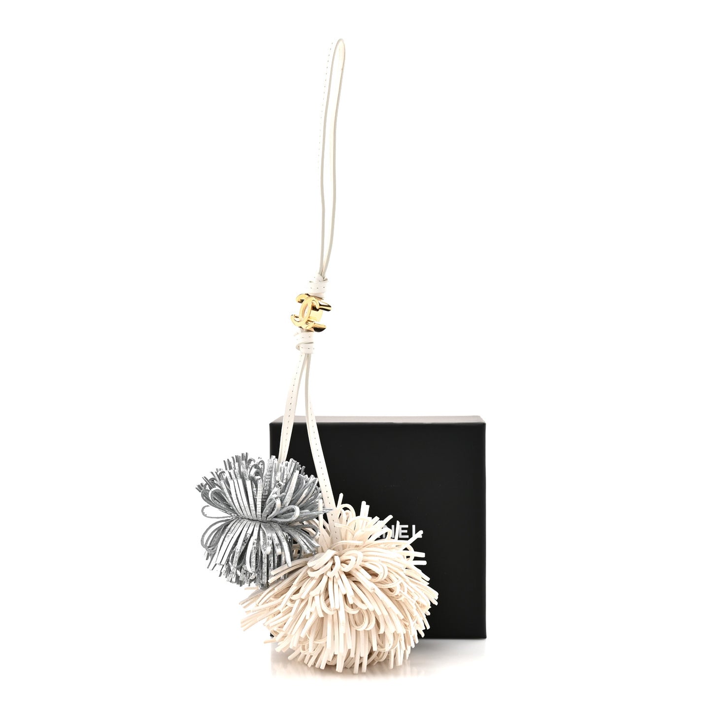 Metallic Lambskin Pom Pom Bag Charm White Silver