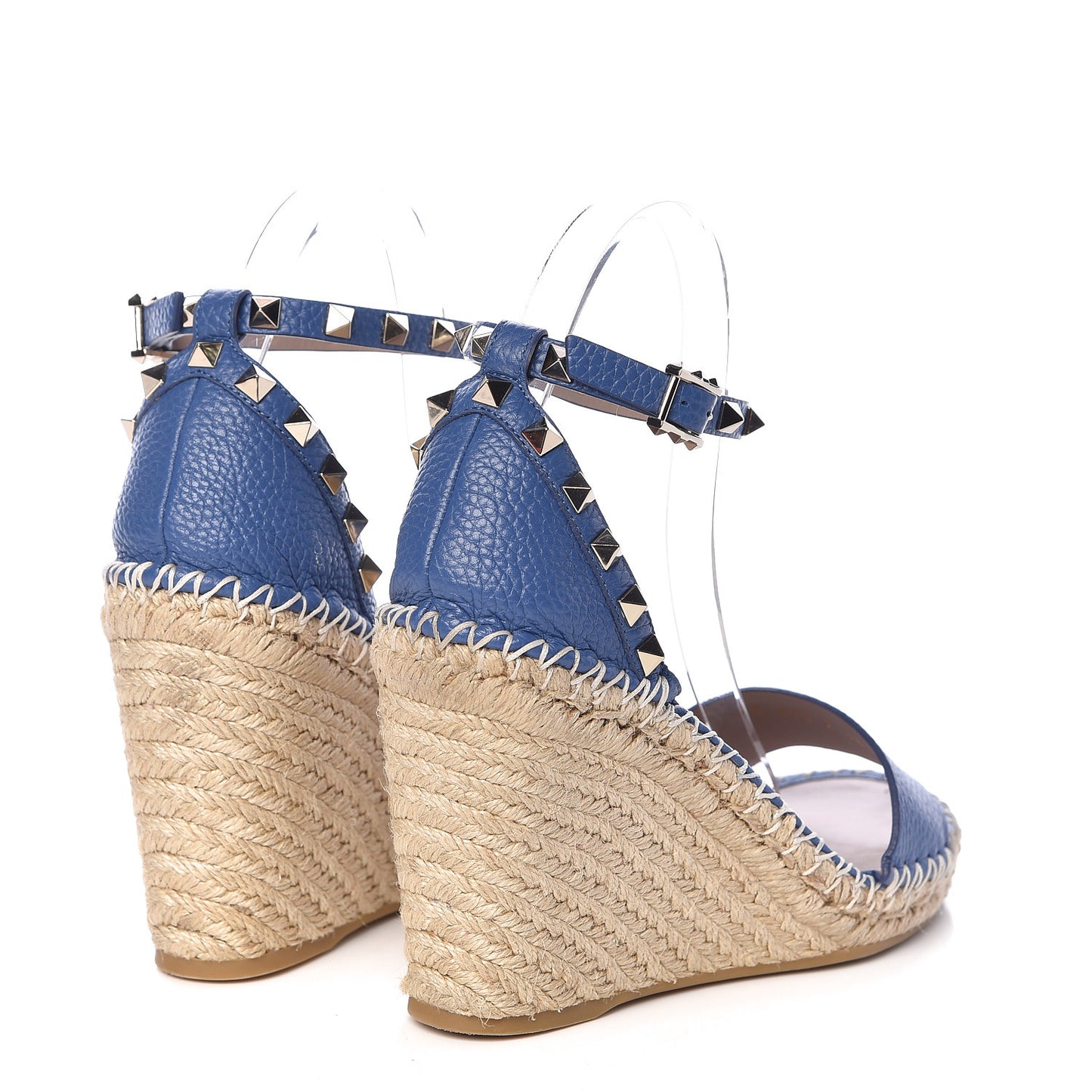 Grained Calfskin Rockstud Ankle Strap Espadrille 15/105mm Wedge Sandals 38 Baltique Natural