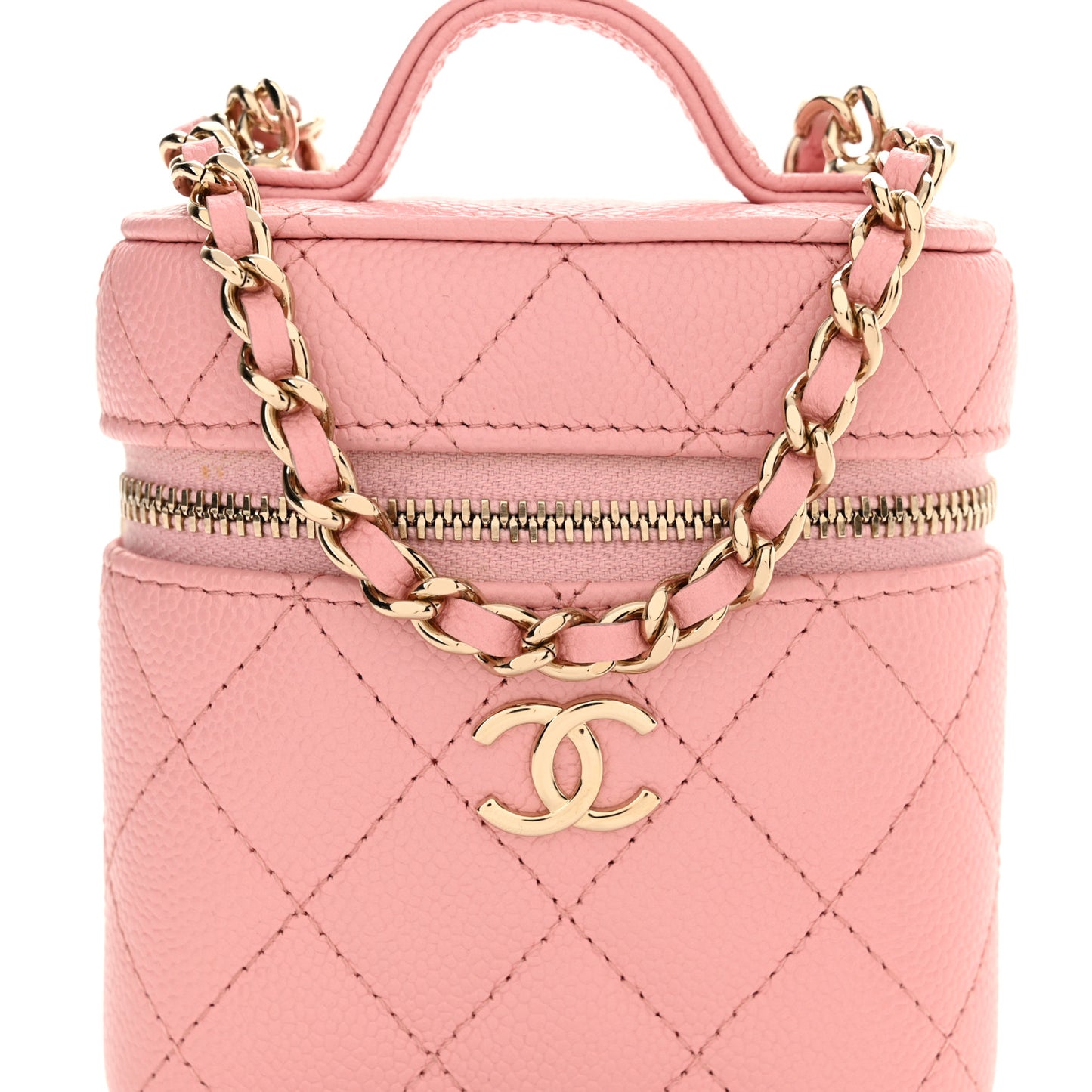 Caviar Quilted Small Handle With Care Vanity Case With Chain Pink